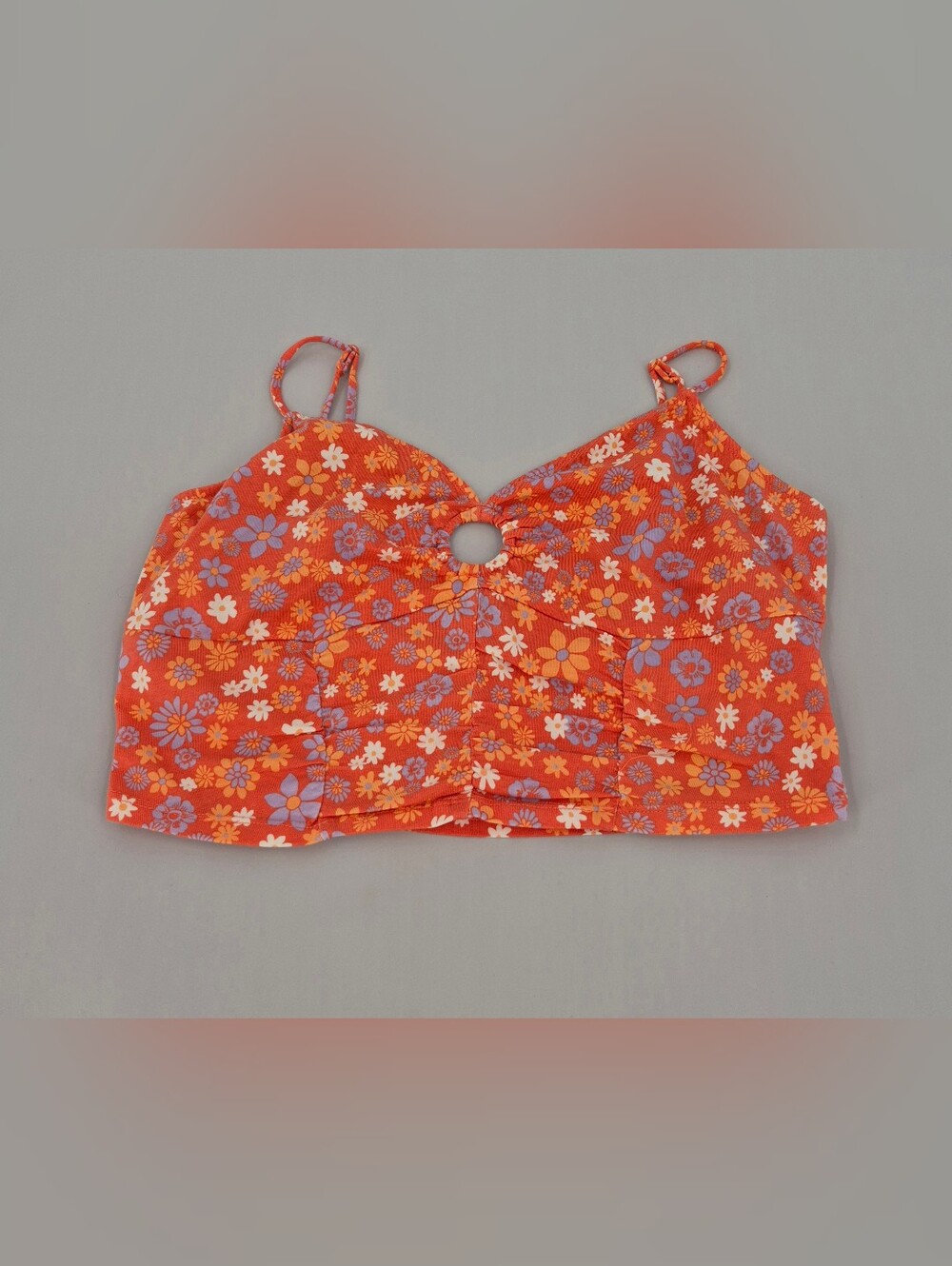 Orange Purple Floral Cutout Cotton Sleeveless Crop Top Size L Y2K Hippie